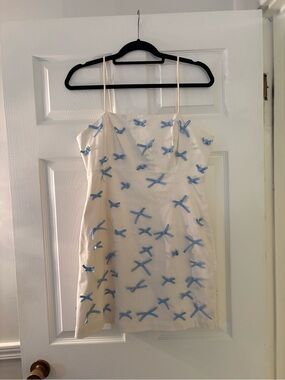 Anthropologie White Dress with Light Blue Bow Appliqués